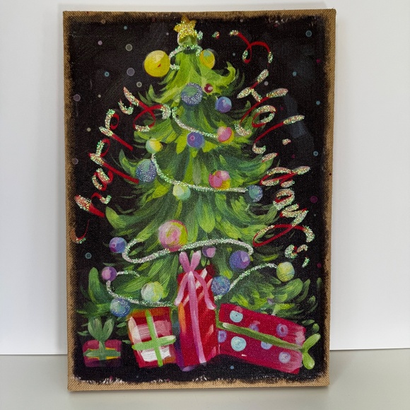 Collectible Rare Pier 1 Imports Christmas Tree Lighted Glitter Canvas Holiday - Picture 5 of 12
